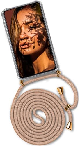 ONEFLOW Twist Case – Handyhülle mit Band für Samsung Galaxy S21 FE 5G - Handykette zum Umhängen, Hülle mit Kette abnehmbar, Handy Umhängeband, Schutzhülle und Kordel – Gold Beige