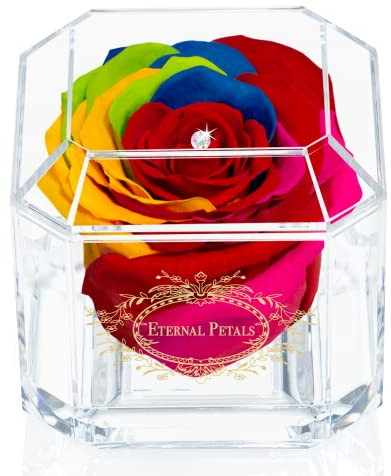 Eine 100% echte Rose, die jahrelang hält, Ewige Blütenblätter, handgefertigt in Großbritannien – Gold Solo mit einem mehrfarbigen Swarovski-Kristall (Regenbogen)