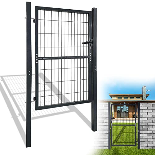 YRHome 150 x 100 cm puerta de jardín puerta de jardín puerta de valla puerta de hierro corrugado antracita puerta abatible de jardín que incluye manija de puerta de cerradura y llaves