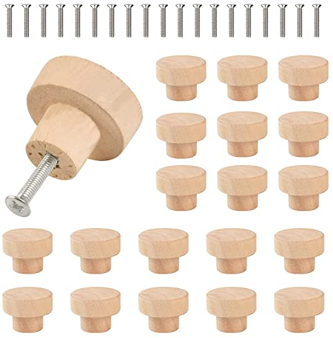 Boutons de Porte Ronds en Bois 20 Pièces, 35 MM Armoire Poignée non Peinte avec 20 Vis, pour Tiroirs, Meubles, Boutons de Placard, Commode