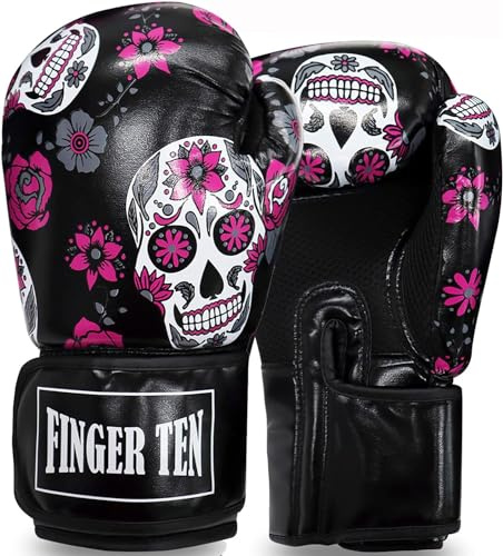 FINGER TEN Boxing Gloves Women Punching Sparring Kickboxing MMA Training Heavy Bag Glove Black Leather 8 10 12 14 oz for Womens (Black Printed, 12 oz)