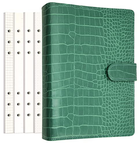 PU Leather Personal Notebook Planner with 80 Pages Loose-Leaf Papers 6 Holes Ring Binder Pen Holder Magnetic Buckle (Green Faux Crocodile Texture,A5 Mini)