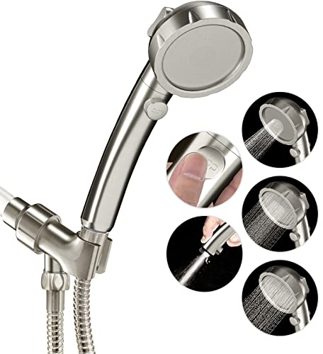 JONKEAN High Pressure Shower Head with 3 Settings, Water Saving Handheld RV Shower Head with Hose and On Off Switch, Detachable Shower Heads with Hose and Angle-Adjustable Bracket (Brushed Nickel)