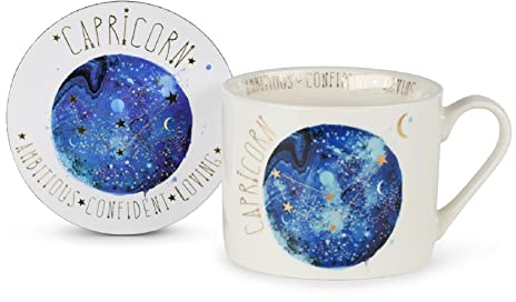 Summer Thornton - Juego de tazas con posavasos en caja de regalo (diseño Capricornio), taza de café de cerámica de 325 ml, taza personalizada con signo de estrella, regalos del zodiaco y tazas de café