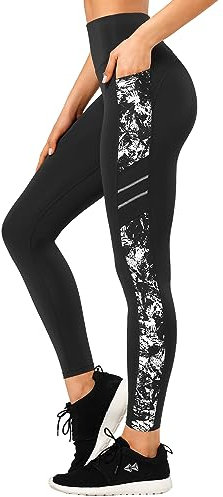 Yvette Printed Damen Sport Leggings mit Taschen, high Waist Blickdicht Gym Sporthose, Weiß Printed, 3XL