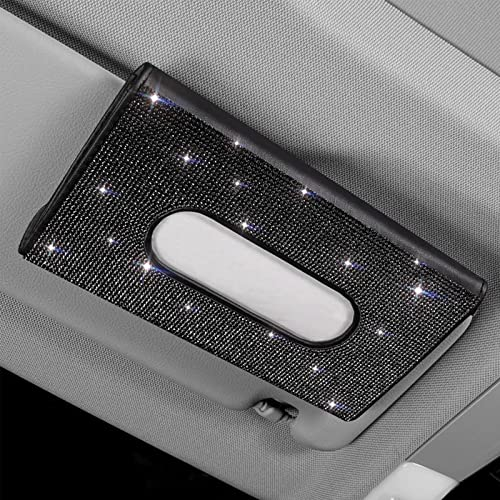 Bling Leder Taschentuchbox Glitzer-Tücherbox für Auto-Sonnenblende Auto Taschentuchbox Kristall-Taschentuchhalter für Damen,Kosmetiktücher Box für Sonnenblende (Bling Schwarz, 1PC)