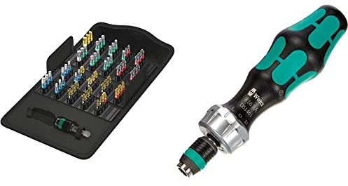 Wera Bit-Safe 61 BiTorsion 1 Comprehensive Torsion Bits and Holder Set in Pouch (for Drill/Drivers) 61 piece, 05057441001 & 05051461001 1/4 x 142 816 RA Ratchet Screwdriver - Silver