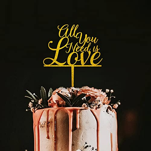 Rimego All You Need Is Love Cake Topper,Calligraphic Wedding And Anniversary Cake Topper, Couple Engagement Bridal Shower Wedding, Acrylic Gold