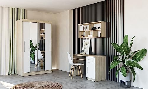 Fabryka Mebli Idźczak Kinderzimmer-Set Jugendzimmer-Set Tobby SB 01 Schrank Wandregal Schreibtisch alufarbige Griffe – Minimalistischer Stil Stillvolles Modern Design (Sonoma/Weiß)