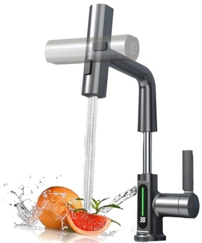 Wasserhahn Küche Ausziehbar, LED Temperaturanzeige Küchenarmatur mit Brause, 3 Strahlarten Armatur Küche 360° Schwenkbar Spültischarmatur Einhebel, Mischbatterie Höhenverstellbar, Pistolengrau