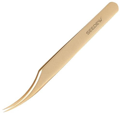SEEDEW T04 Pince à Épiler Extensions de Cils, Pointe Fine, Courbée Pince à Épiler Isolation Précision Professionnel pour Extensions de Cils, Techniques et Débutants (Doré)