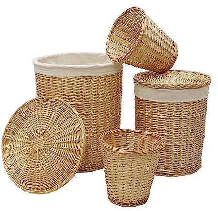 JVL Hand Woven Acacia Set of 2 Round Laundry Willow Baskets with 2 Waste Paper Baskets, Honey Finish