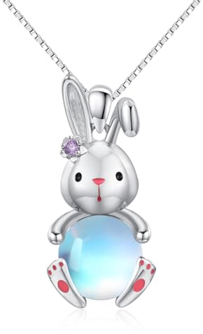 TRISHULA Bunny Halskette 925 Sterling Silber Mondstein Halskette Bunny Anhänger Kaninchen Halskette Tier Anhänger Kaninchen Schmuck Geschenke für Frauen Mädchen