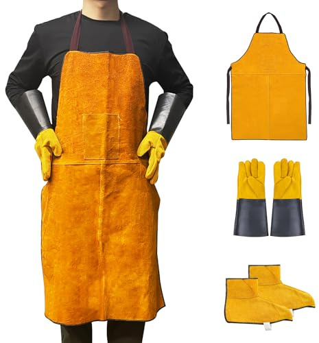 Bejetca Men's Gloves and Feet Welding Apron - Heat Resistant and Flame Retardant Leather Processing Shop Blacksmith Apron