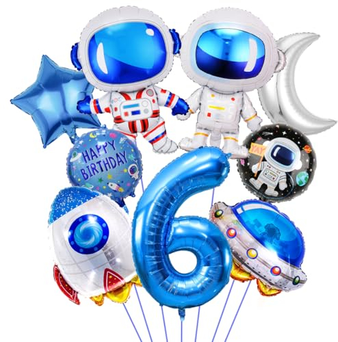 Weltraum Geburtstag Deko 6 Jahre, Rakete Astronauten Folienballon, Geburtstagsdeko 6. Junge, Runde Astronaut Helium Ballon, Raumschiff Luftballons für Jungen Kinder Geburtstag Universum Motto Party