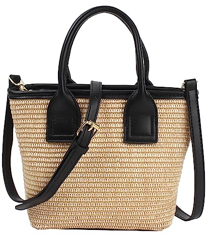 MEGAUK Women Double Handle Woven Tote Bag Mini Straw Crossbody Purse Straw Clutch Summer Beach Handmade Shoulder Bag For Ladies