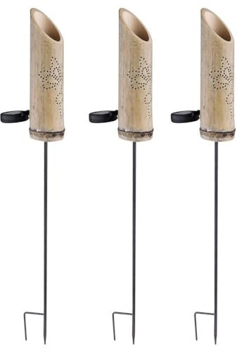 GLOBO Steckleuchte Bambus Solarleuchte Erdspieß Bambuslampe Solar, Dekor-Stanzungen, grün, LED warmweiß, DxH 12x79,5 cm, 3er Set