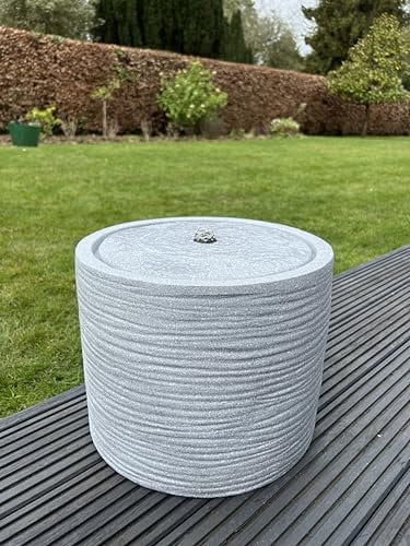 allpondsolutions Round Water Feature with LED Lights in Light Grey, Freestanding, 3m Cable - 36x36x28cm