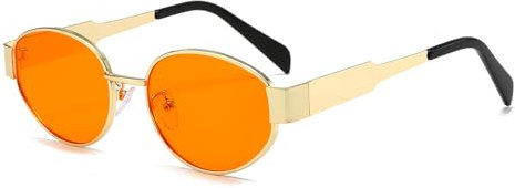 YAMEIZE Retro Ovaler Metallrahmen Sonnenbrille – für Damen und Herren, klassisch, rund, UV400-Schutz, kleine Brillen, Schatten für den Außenbereich, Gold Orange