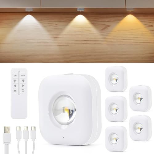 Lightsjoy 6er Unterbauleuchte Küche LED Akku Schrankbeleuchtung Kabellos mit Fernbedienung Batterie USB Aufladbar,3 Farbtemperaturen,Dimmbar Spot Vitrinenbeleuchtung mit Timing für Kleiderschrank