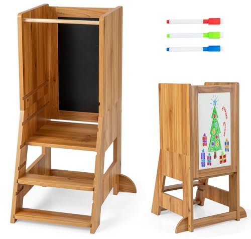 GOPLUS Tour d'Observation Montessori Enfants Bois avec Tableau Blanc, Tableau Noir, 3 Feutres, Tour d'Apprendissage Plate-Forme et Marches Réglables, Garde-corps Amovible pour 1-7 Ans (Naturel)