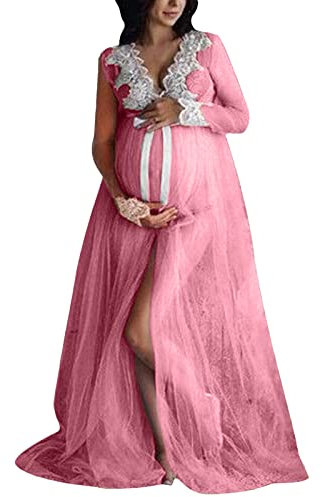 Abito da gravidanza per servizio fotografico, elegante da donna, in pizzo, per feste e mamme, in chiffon, per l'estate, Vino, XL