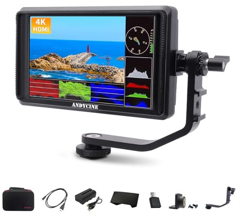 ANDYCINE A6 V2 6 Zoll HDMI Field Monitor 1920x1080 Kamera Fiedl Monitor Bundle mit 4k HDMI In/Out Neigungsarm, Stromausgang, Batterie und Tragetasche enthalten