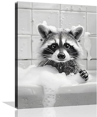 OWNANRTHM Waschbär-Badezimmer-Wandkunst, Waschbär in der Badewanne, Gemälde, lustiges Tierbad, Leinwand, Wandkunst, schwarz-weißes Tier in der Badewanne, Bilder für Badezimmer, Toilette, gerahmt, 30,5