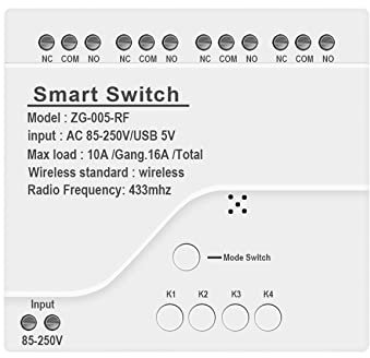 Yopeissn 4CH Zigbee Smart Light Switch AC 85-250V RF433 Empfangen 10A Relais Arbeiten mit Assistant, Tuya Smart Life