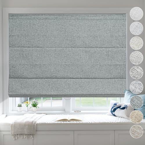 Moonice Cordless Roman Blinds Blackout Linen Roman Shades Waterproof Fabric Shades for Indoor Windows Thermal Insulated Window Blinds for Bedroom Home Office Dark Grey, Custom Size