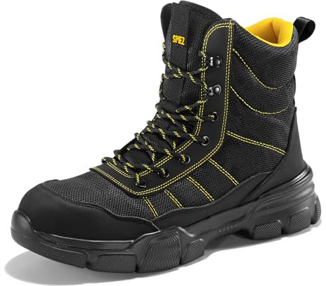 SPIEZ Stivali Antinfortunistica Uomo SB PL, Leggeri Stivali da Lavoro con Cerniera, Comode Scarpe Antinfortunistiche con Punta in Acciaio, EU42, Nero-giallo
