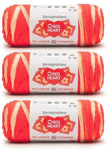 Red Heart All in ONE Flower Power red hot Phlox Yarn - 3 Pack of 8.8oz/250g - 100% Acrylic - #4 Worsted (Medium) - 440 Yards - Knitting/Crochet