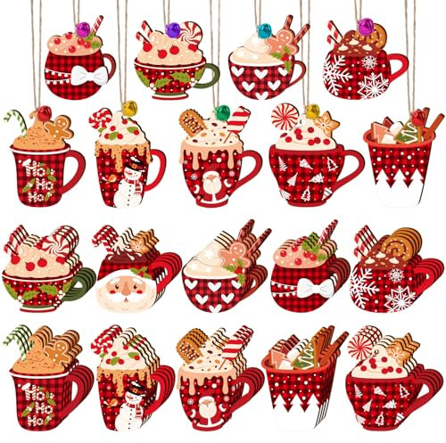 DECYOOL 50 Pieces Christmas Wooden Ornaments Hot Cocoa Blanks Pendants Unfinished Predrilled Wood Buffalo Plaid Coffee Mug Slices Hanging for Xmas Festivals DIY Crafts Decoration, 10 Styles