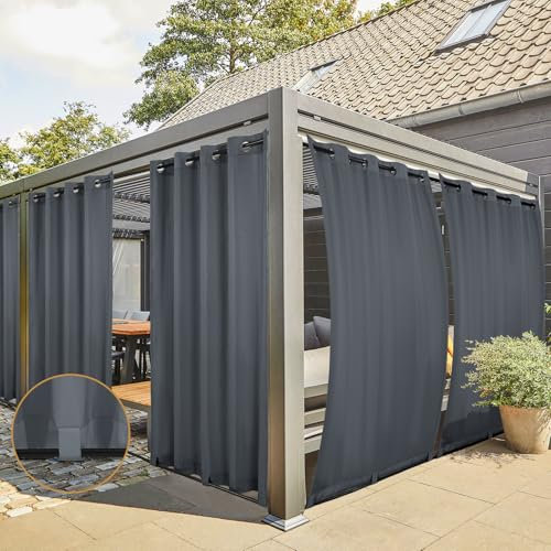 Rideau Extérieur Lot de 4 Rideau pour Pergola Occultant Résistant aux Intempéries avec Oeillet, Rideaux pour Tonnelle, Balcon, Terrasse, Rideaux avec Passants en Bas, H213 x L132 cm, Gris Foncé