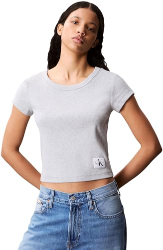 Calvin Klein Damen T-Shirt Kurzarm Woven Label Rib Baby Tee mit Rundhalsausschnitt