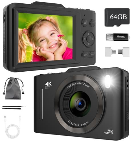 Digital Camera 4K 48MP, Digital Cameras Kids with 64GB Card, 16X Digital Zoom/Anti Shake/2.8 Large Screen/Autofocus, Compact Vlogging Camera for Kids Beginners Teenagers (Black)