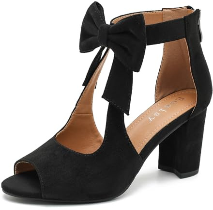 Eugisy Damen-Sandalen mit Schleifen, offener Zehenbereich, klobige High-Heels, Knöchelriemen, elegante Pumps, Reißverschluss hinten, Ausschnitt, Absatz, Sommer, Party, Sandalen