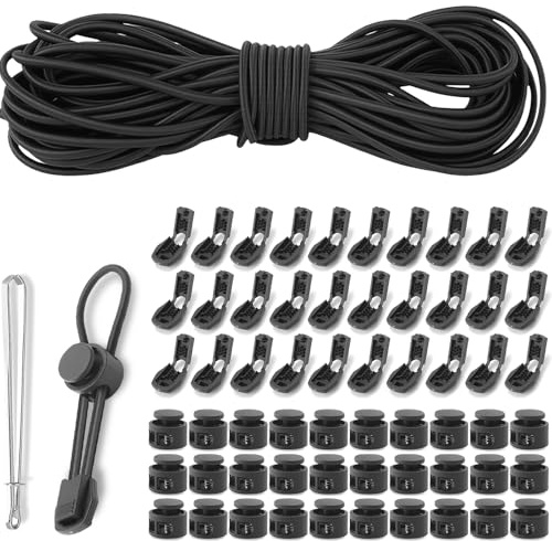 35m Elastische Gummischnur 3 mm Schwarz mit Kordelstopper Kordelklemme Set | Elastische Gummischnur Set mit 30 Kordelstopper 30 Kordelklemme aus robuster Gummikordel für Rucksack Wäscheleine DIY