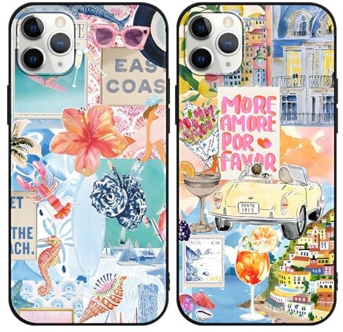 Phoona 2 Pack Cute Case for iPhone 11 Pro Max 6.5, European Collage Preppy Summer Girly Design Pattern for Girls Women, Slim Soft Silicone Shockproof Bumper Protector Cover, Blue 03