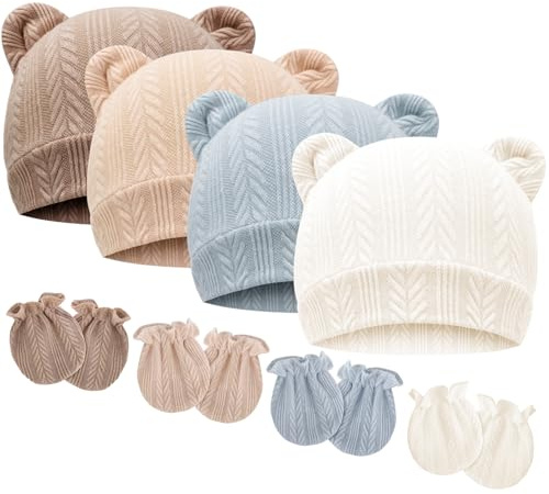 DRESHOW Neugeborenes Baby Mütze Hut und Handschuhe Set Unisex Infant Hut | Für 0–6 Monate, Baby-Baumwolle, Strickmütze mit Bärenohren und Kratzhandschuhen, Mützen für jede Jahreszeit
