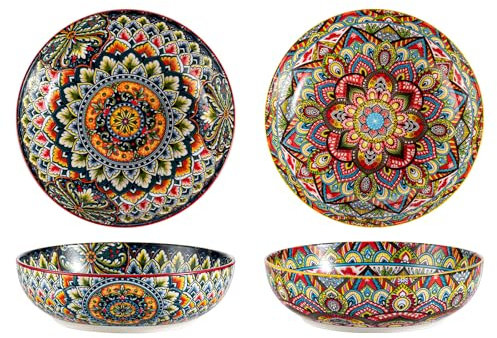 Henten Home Pastateller Set, Suppenteller/Buntes Tiefteller 2er, 1500ml Mehrzweckschalen Salatschüsseln für Suppe, Nudel, Spaghetti, Pasta, Salat - Serie Mylo, Boho Stil