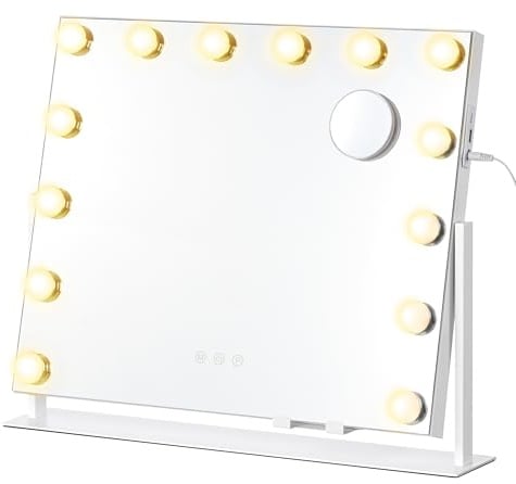 SONGMICS Specchio da Trucco con Luci, Controllo Touch, 14 LED Dimmerabili, Porte di Ricarica, 3 Temperature Colore, Supporto Telefono, 50 x 42 cm, Bianco Opaco LWM007WC02