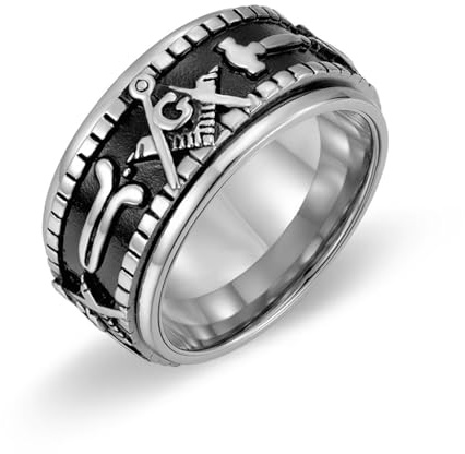 MLGFS Boaz Pillars Titanstahl-Ring mit Freimaurersymbol und Versilberung, spiritueller Schmuck for Damen und Herren(Silver,W)