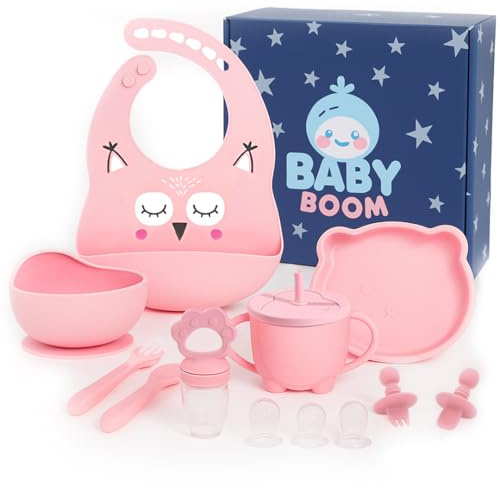 BABY BOOM Vajilla Bebe Silicona 12 Piezas BLW Plato Bol con Ventosa Vaso 2 en 1 Pajita Taza Babero con Bolsillo Cuchara Tenedor Cubiertos de Entrenamiento Alimentador Fruta Tres Tetinas Antideslizante