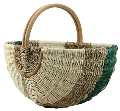 Großer Einkaufskorb aus Rattan & Seegras, Grün, 48x33x24 cm | Handgeflochtener Picknickkorb mit Henkel – Stabiler Marktkorb & Autokorb – Vintage Design Flechtkorb