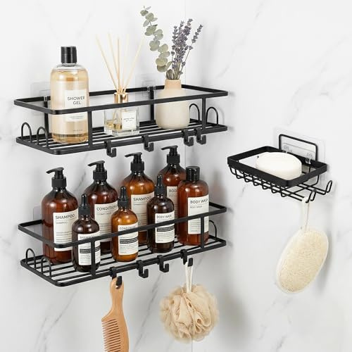 mobumeia Duschregal Ohne Bohren, 3er Rostfreie Dusch Badezimmer Organizer für Dusch & Küche, Duschablage Wand mit 8 Haken für Shampoo Seife, Badezimmer Zubehör Schwarz