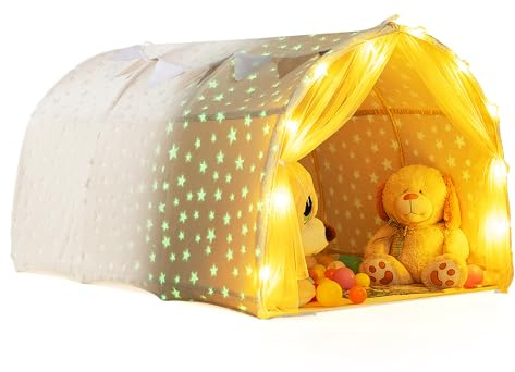 HOMASIS Kinder Bettzelt für Kinderbett, Spielzelt mit Netzvorhängen, Lichterkette & leuchtenden Sternen, Spielhaus mit Wimpeln, Spieltunnel für Jungen & Mädchen ab 3 Jahren, Spielhaus für Kinderzimmer