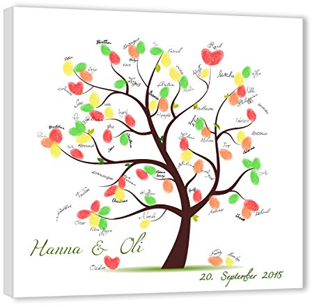 galleryy.net Fingerabdruck Leinwand 60x60 mit NAMEN & DATUM - INKL Zubehör-Set (Stempelkissen+Stift+Anleitung+Hochzeitsbuch+...) - Ehebaum braun - Fingerabdruck Leinwand - Hochzeitsspiel