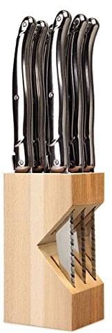 Laguiole 6 Piece Steak Knife Set in Wooden Storage Block, 100% Made in France, Stainless Steel