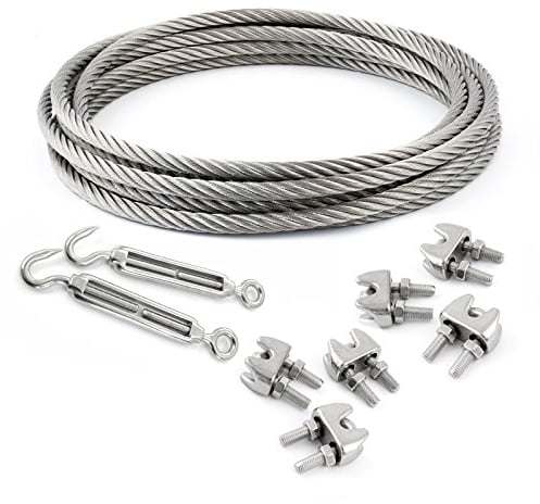 CONJUNTO 5m cable 6mm acero inoxidable cordaje hebra: 7x19 + 6 abrazaderas + 2 tensores ojetes/gancho M6